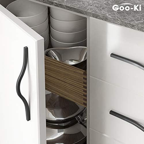 Goo-Ki Modern Handle,Minimalist Cabinet Pull,Matt Black Drawer Handle Wardrobe Cabinet Door Handle, 3.8''/5'' Double Hole Centers,6 Packed