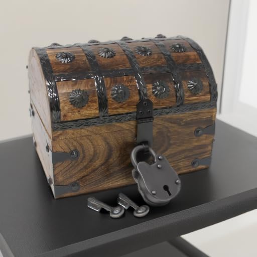 Nautical Cove Handmade Pirate Treasure Chest for Kids Prizes & Classroom with Lock and Skeleton Keys – Lockable Wooden Storage Chest Box, Pirate Decor, Decorative Wooden Box - Small 8x6x6