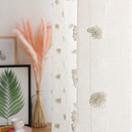 MYSKY HOME Pom Pom Beige Sheer Curtains for Bedroom Girls Room Curtains 84 Inches Long for Nursery Kids Light Filtering Boho Window Drapes, Rod Pocket, 52" Wide, 2 Panels