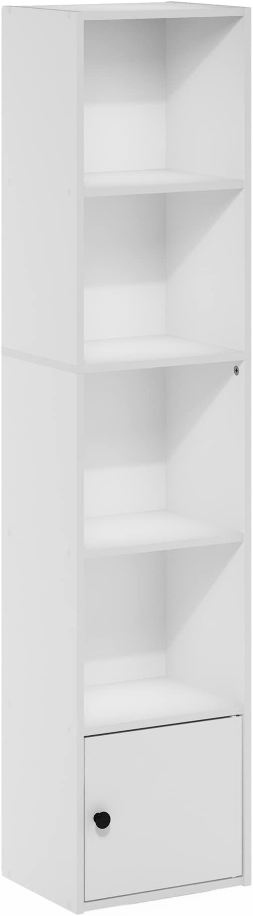 Furinno LUDER Book Shelf, 5-Tier Modern Bookshelf, Bookcase with 1 Door Storage Cabinet, 9.3" x 12" x 52", for Living Room, Bedroom, Home Office, White