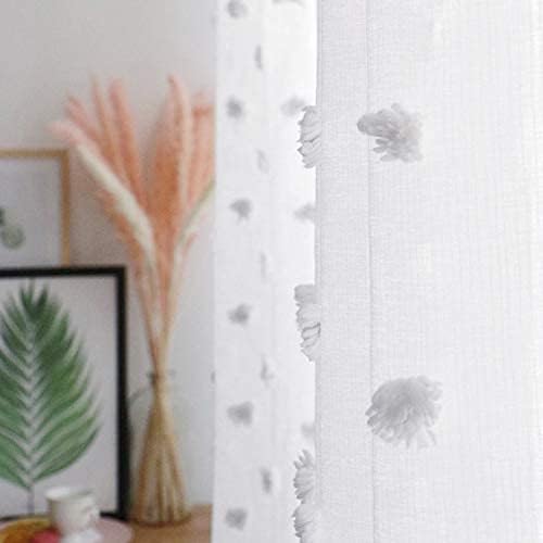 MYSKY HOME Pom Pom White Sheer Curtains for Bedroom Girls Room Curtains 84 Inches Long for Nursery Kids Light Filtering Boho Window Drapes, Rod Pocket, 52" Wide, 2 Panels