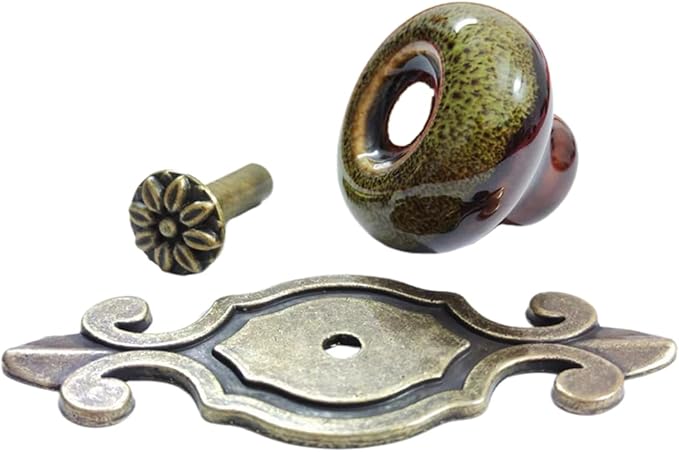 5 Pack Retro Ceramic Knobs,Vintage Dresser Kitchen Petal Cabinet Pulls Rustic Zinc Alloy Base Back Plate Kid Cupboard Wardrobe Drawer Door Handles (Leopard Print Green)