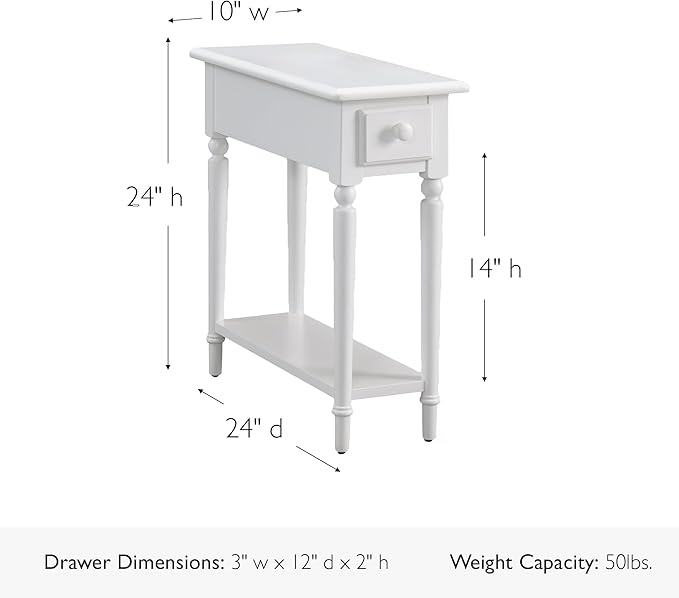 Leick Home Coastal End Table, Solid Wood, 1 Drawer, Bottom Display Shelf, Easy-Assembly, For Living Room/Bedroom, White, 23.5 in. L x 10.0 in. W x 24.0 in. H, 20017-WT