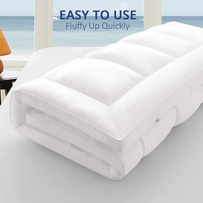 ELEMUSE 1300 GSM Mattress Topper Queen with Baffle Box Design,Extra Thick Cooling Pillow Top Pad, 400TC Cotton Cover, Plush & Support Snow Down Alternative, White