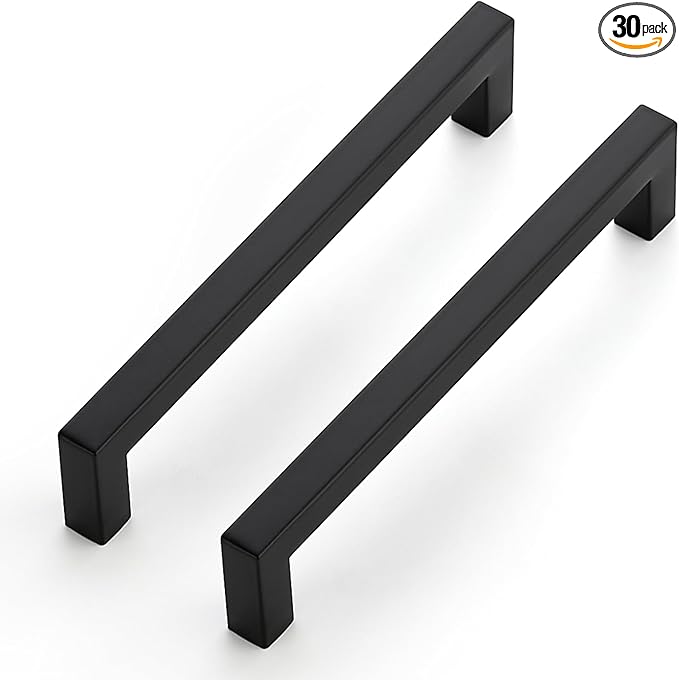 JOY DECOR 30 Pack Cabinet Handles, Black Cabinet Pulls, 6-1/4 Inch Kitchen Closet Handles Square Drawer Pulls Stainless Steel Drawer Hardware, 160mm Hole Centers