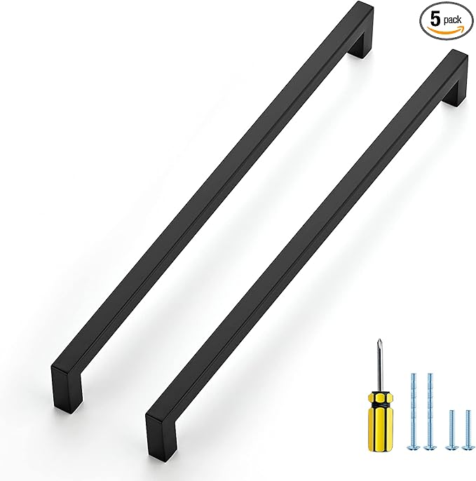 Ravinte 5 Pack Black Cabinet Pulls 12-3/5 Inch Square Cabinet Handles Matte Black Kitchen Hardware for Cabinet Drawer Pulls Come with Screwdriver