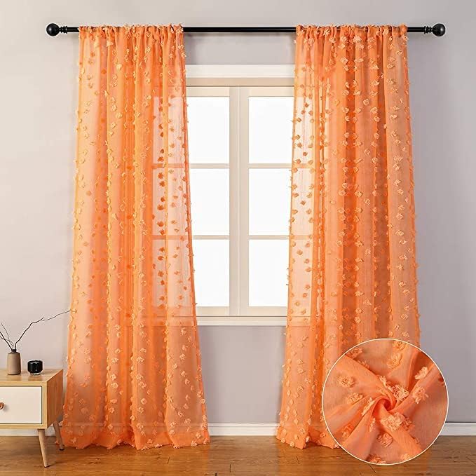 MYSKY HOME Pom Pom Orange Sheer Curtains for Bedroom Girls Room Curtains 84 Inches Long for Nursery Kids Light Filtering Boho Window Drapes, Rod Pocket, 38" Wide, 2 Panels