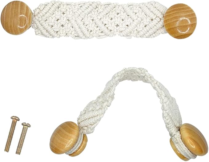 2 Pack Bohemian Style Rope Knobs Door Handle Rope Knot Cabinet Drawer Cupboard Furniture Door Wooden Pulls Handles Drawer Pulls for Kitchen Cabinet Wardrobe Cupboard(B)