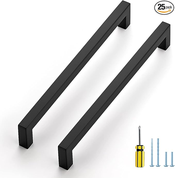 Ravinte 25 Pack Black Cabinet Pulls 8-4/5 Inch Square Kitchen Cabinet Handles Matte Black Kitchen Hardware for Drawer Pulls Drawer Handles Come with Screwdriver