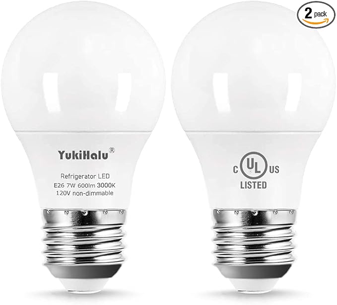 YukiHalu, A15 Appliance Light Bulb, 60W Equivalent for Range Hood/Refrigerator Light Bulb/Ceiling Fan Light, 600 Lumens 7W 120V 3000K Warm White E26 Base, Waterproof, Not Dimmable, 2-Pack