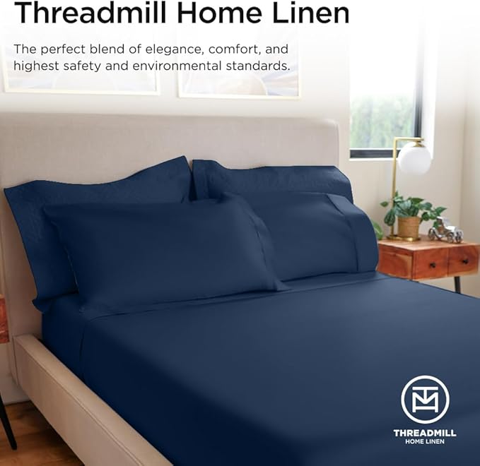 Threadmill Luxury 800 Thread Count California King 100% Cotton Sheets - Folkstone Blue Sateen Weave Bed-Sheets, Better Than Egyptian Cotton, 4 Pc Solid Bed Set, Fits 16" Deep Pocket