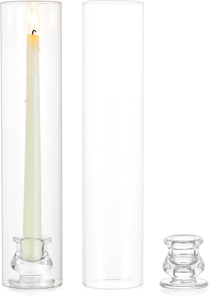 Glass Hurricane Candle Holder: 12" Tall Candlestick Holder with Cylinder Windproof Cover Clear Taper Candle Holders for Wedding Party Birthday Christmas Home Decor Set of 2
