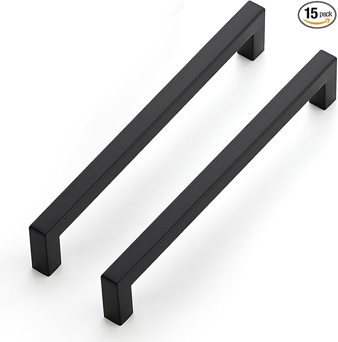 JOY DECOR 15 Pack Cabinet Handles, Black Cabinet Pulls, 7-1/2 Inch Kitchen Closet Handles Square Drawer Pulls Stainless Steel Drawer Hardware, 192mm Hole Centers
