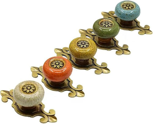 10 Pack Retro Ceramic Knobs,Vintage Dresser Kitchen Petal Cabinet Pulls Rustic Zinc Alloy Base Back Plate Kid Cupboard Wardrobe Drawer Door Handles (Leopard Print Green)
