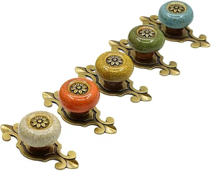 10 Pack Retro Ceramic Knobs,Vintage Dresser Kitchen Petal Cabinet Pulls Rustic Zinc Alloy Base Back Plate Kid Cupboard Wardrobe Drawer Door Handles (Leopard Print Yellow)