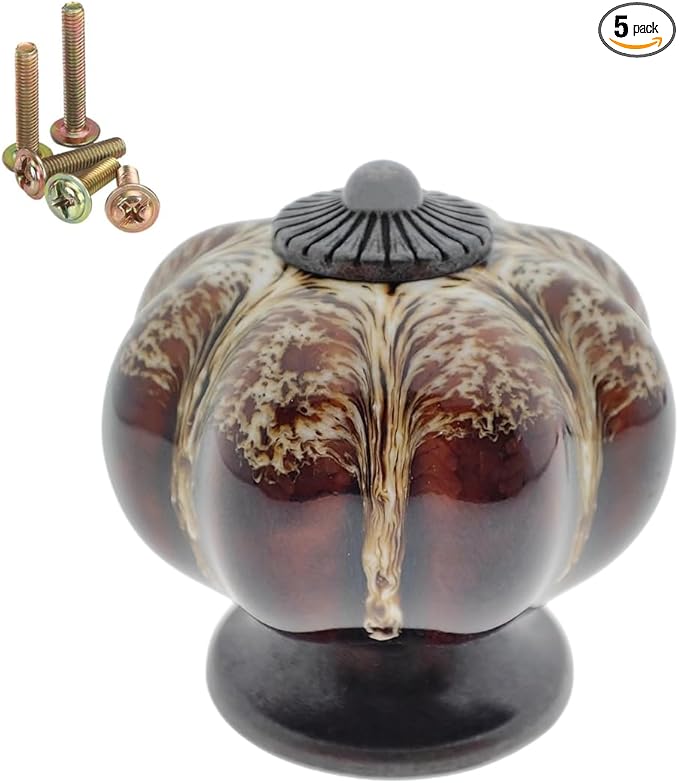 5 Pack Vintage Ceramic Pumpkin Cabinet Knobs, Kitchen Cabinet Drawers Dresser Cupboard Pull Handles Door Pulls with 5 Kinds of Screws (Leopard Print -White)