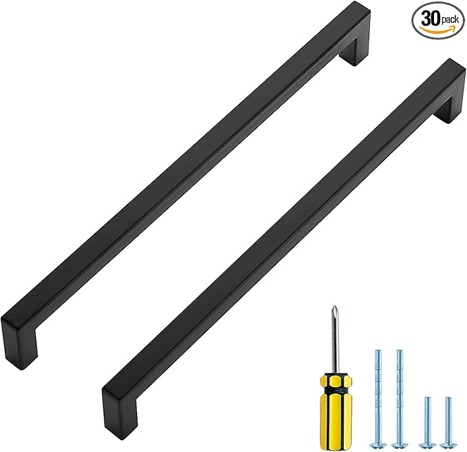 Ravinte 30 Pack Square Cabinet Pulls 10 Inch Black Kitchen Cabinet Handles Matte Black Kitchen Hardware for Cabinet Black Drawer Pulls Black Square Bar Cabinet Pulls Drawer Handles