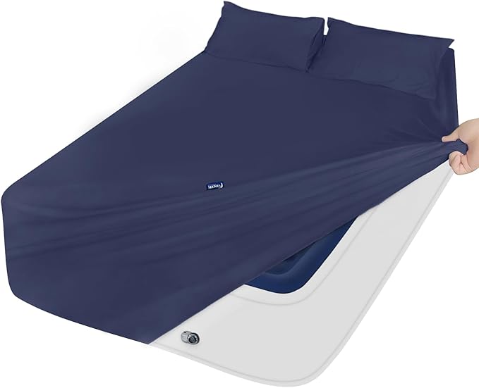 King Size Sheets Set for Air Mattress - Deep Pocket King Sheet Set - 3Pcs Side Storage Pocket Fitted Sheet & Pillowcases Easily Fits 16in to 24in Pillow Top Air Bed Mattress - Navy Blue