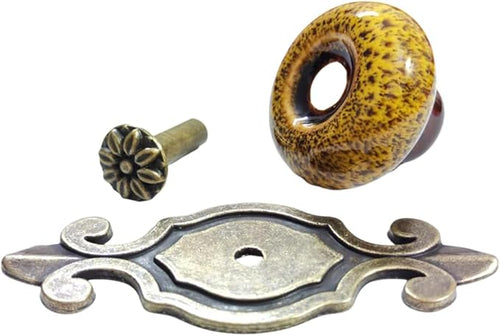 10 Pack Retro Ceramic Knobs,Vintage Dresser Kitchen Petal Cabinet Pulls Rustic Zinc Alloy Base Back Plate Kid Cupboard Wardrobe Drawer Door Handles (Leopard Print Yellow)