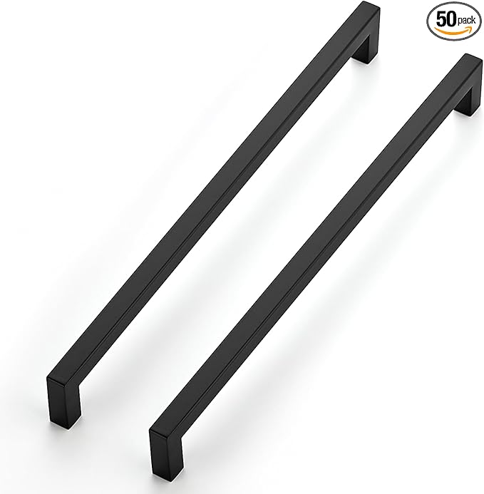 JOY DECOR 50 Pack Cabinet Handles, Black Cabinet Pulls, 11-1/3 Inch Kitchen Closet Handles Square Drawer Pulls Stainless Steel Drawer Hardware, 288mm Hole Centers