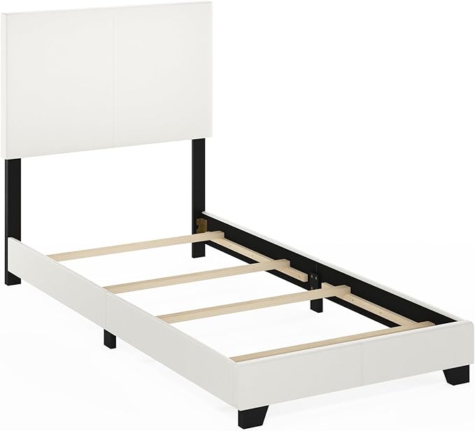 Furinno Pessac Upholstered Bed Frame, White PU Leather, Twin XL