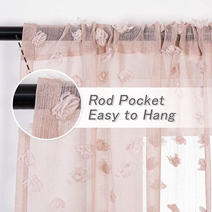 MYSKY HOME Pink Sheer Short Curtains with Pom Pom for Small Windows Dusty Rose Bedroom Nursery Kids Girls Room Curtains Cafe Kitchen Light Filtering Boho Drapes, Rod Pocket,52 x 45 Inches, 2 Panels