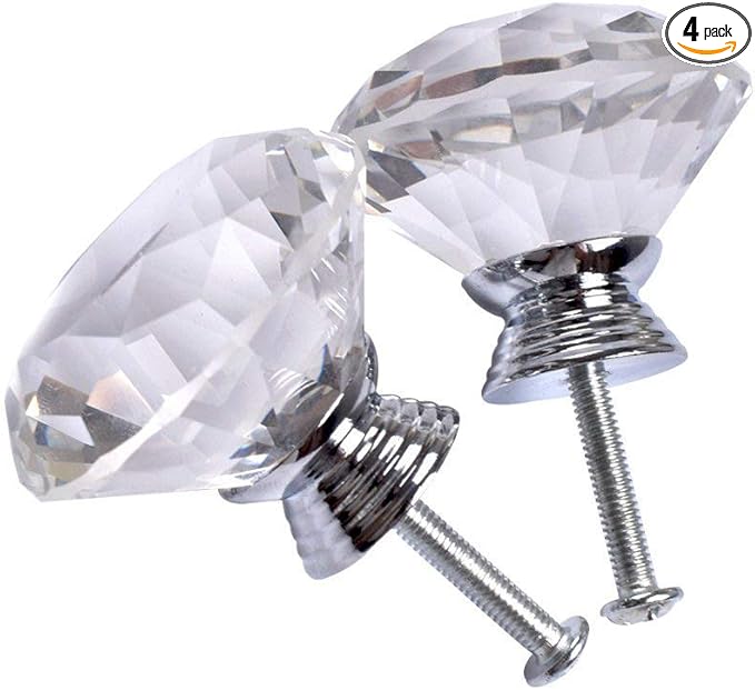 Joyhey 4 Pack 40 mm Diamond Shaped Glass Crystal Knobs with 3 Size Screws for Cabinet, Drawer, Cupboard, Dresser