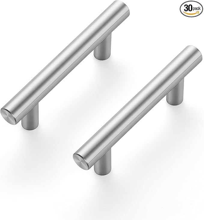 JOY DECOR 30 Pack 2-1/2 Inch Hole Centers Brushed Nickel Kitchen Cabinet Handles, 4 Inch Overall Length Stainless Steel Drawer Pulls for Cupboard, 64mm Hole Centers