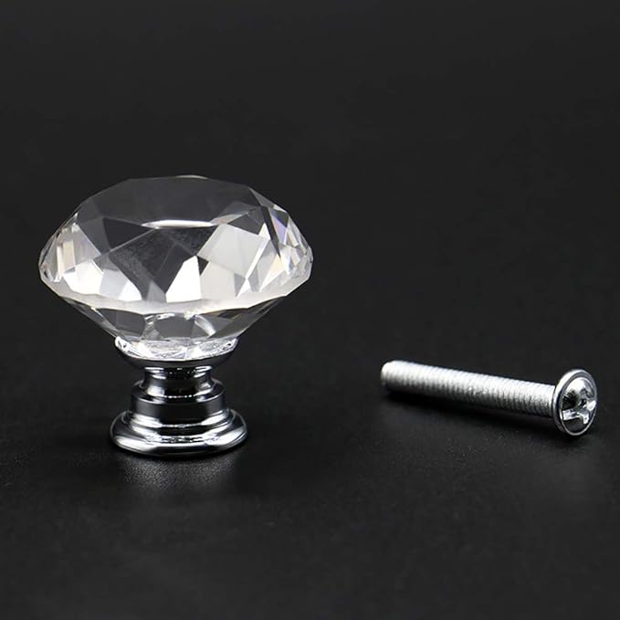 Joyhey 4 Pack 30 mm Diamond Shaped Glass Crystal Knobs with 3 Size Screws for Cabinet, Drawer, Cupboard, Dresser