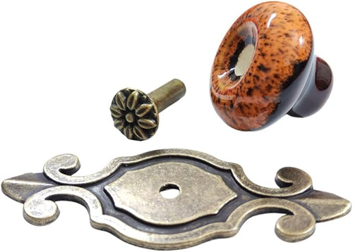 10 Pack Retro Ceramic Knobs,Vintage Dresser Kitchen Petal Cabinet Pulls Rustic Zinc Alloy Base Back Plate Kid Cupboard Wardrobe Drawer Door Handles (Leopard Print Orange)