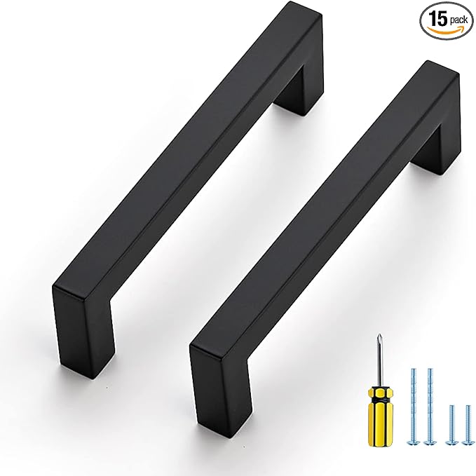 Ravinte 15 Pack Black Cabinet Pulls 4-1/2 Inch Square Kitchen Cabinet Handles Matte Black Kitchen Hardware for Drawer Pulls Drawer Handles Come with Screwdriver