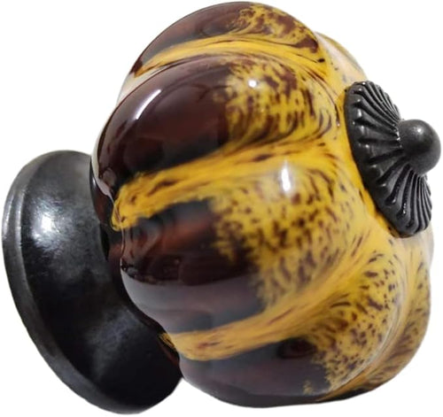 10 Pack Vintage Ceramic Pumpkin Cabinet Knobs, Kitchen Cabinet Drawers Dresser Cupboard Pull Handles Door Pulls with 5 Kinds of Screws (Leopard Print -Yellow)