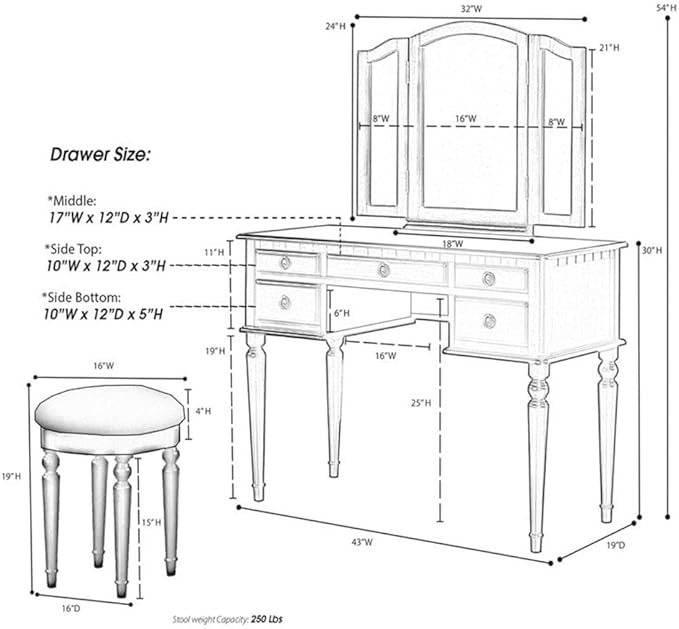 Bobkona St. Croix Collection Vanity Set with Stool, Cherry