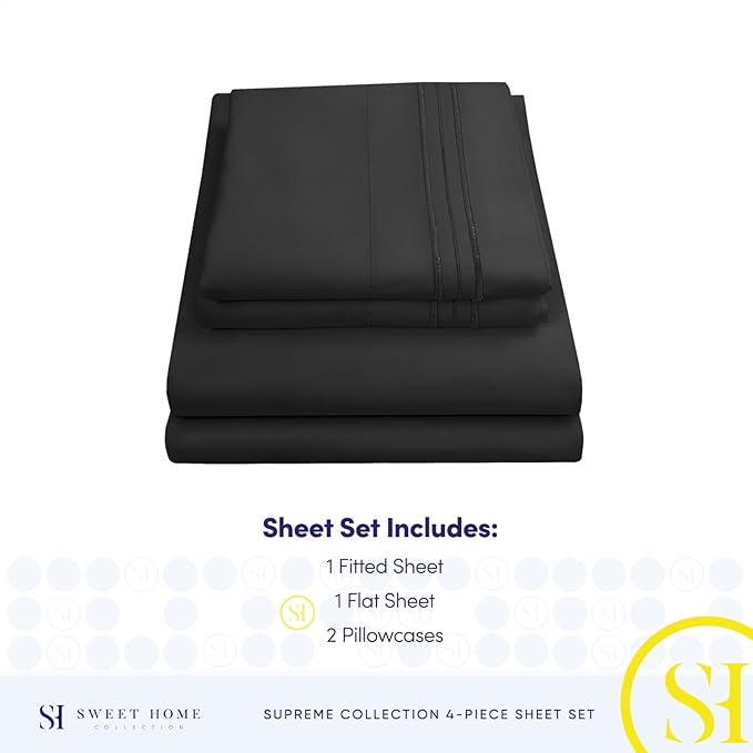 Full Size Sheet Sets - Breathable Luxury Sheets with Full Elastic & Secure Corner Straps Built In - 1800 Supreme Collection Extra Soft Deep Pocket Bedding Set, Sheet Set, Full, Black