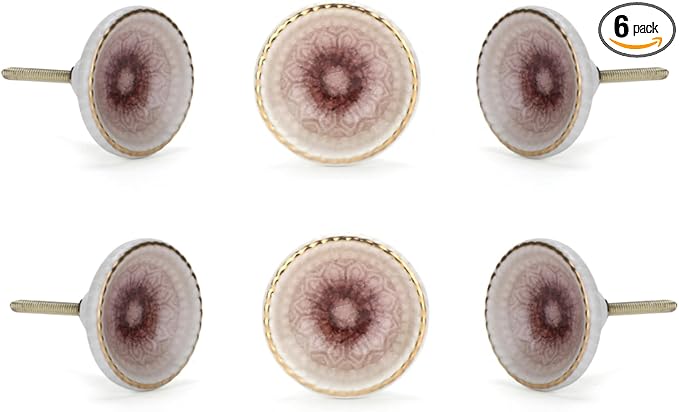 Perilla Home Set of 6 Marrakesh Knob Ceramic Decorative Round Knobs for Home Kitchen Cabinet Hardware Cupboard Glass Door Dresser Wardrobe and Drawer Pulls (Pink)