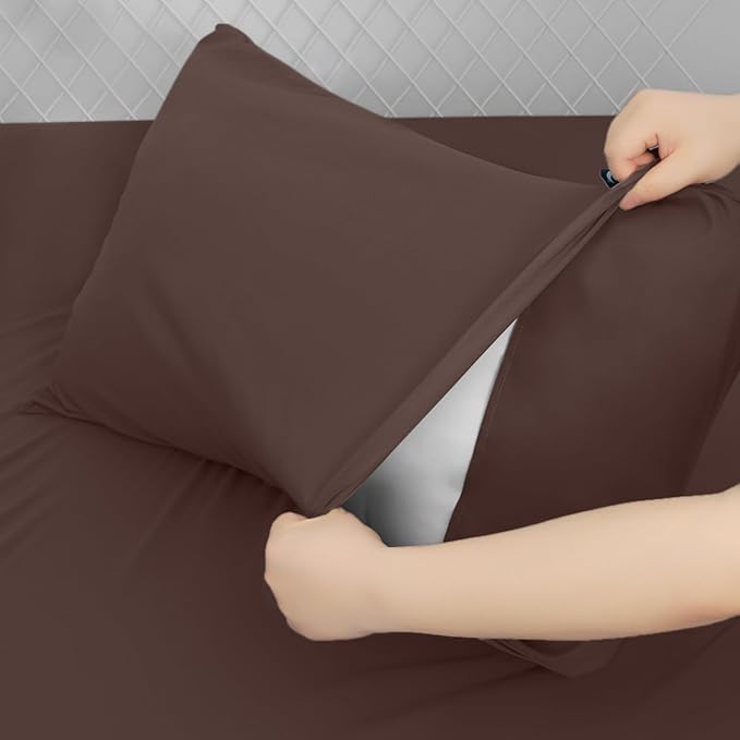 Queen Sheet Set for Air Mattress - Sheets Queen Size Bed Set - 3Pcs Side Storage Pocket Fitted Sheet & Pillowcases Easily Fits 16in to 24in Pillow Top Air Bed Mattress - Brown