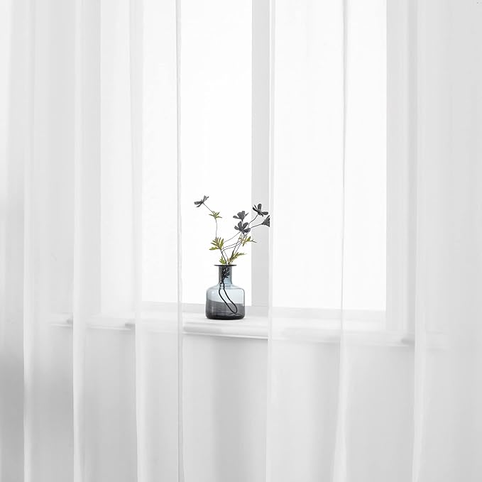 DUALIFE White Sheer Curtains 96 Inches Long Set 2 Panels Grommet Semi Transparent Drape Tulle Gauze Voile Window Sheer Curtains for Bedroom Living Room Dining Wide 52 Length Solid Color