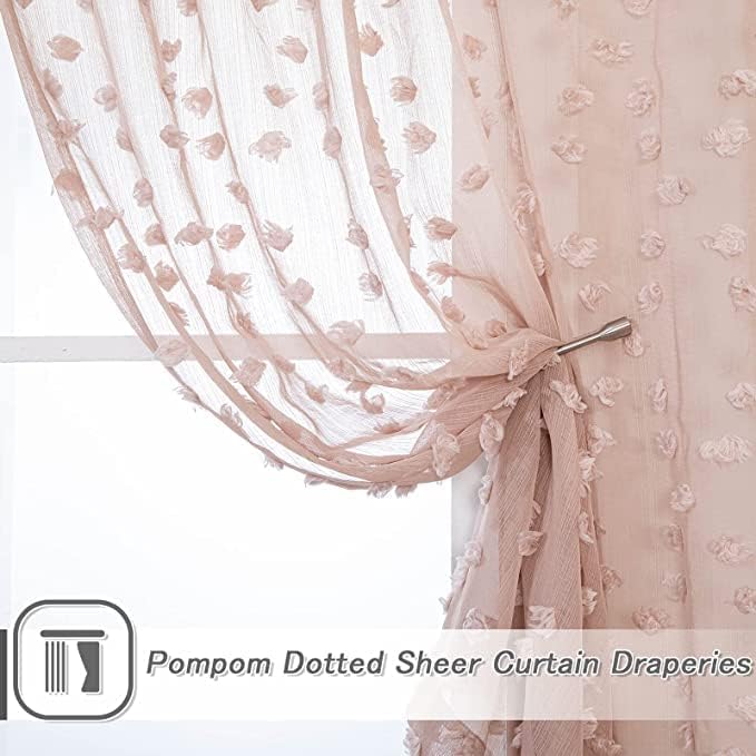 MYSKY HOME Pink Sheer Short Curtains with Pom Pom for Small Windows Dusty Rose Bedroom Nursery Kids Girls Room Curtains Cafe Kitchen Light Filtering Boho Drapes, Rod Pocket,38 x 54 Inches, 2 Panels
