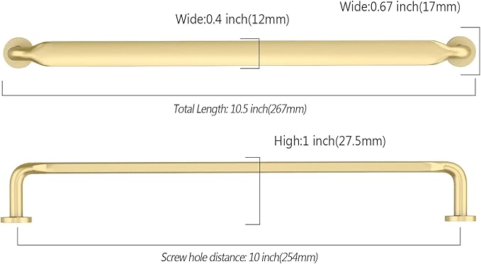 Asidrama 10 Pack 10 Inch(254mm) Brushed Gold Kitchen Cabinet Handles, Cabinet Pulls Kitchen Cabinet Hardware for Cupboard Drawer Pulls