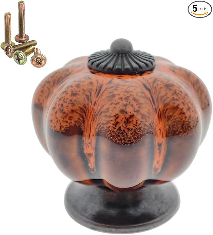 5 Pack Vintage Ceramic Pumpkin Cabinet Knobs, Kitchen Cabinet Drawers Dresser Cupboard Pull Handles Door Pulls with 5 Kinds of Screws (Leopard Print -Orange)