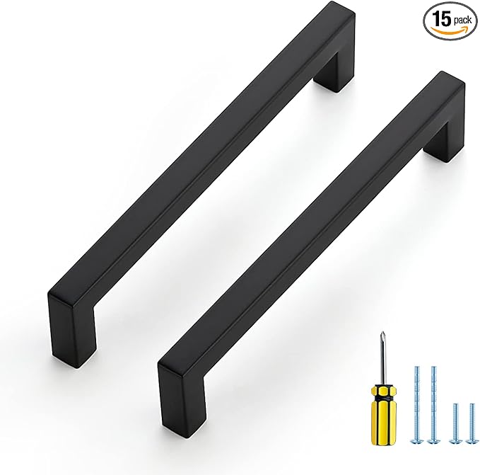 Ravinte 15 Pack Black Cabinet Pulls 6-1/4 Inch Square Kitchen Cabinet Handles Matte Black Kitchen Hardware for Drawer Pulls Drawer Handles Come with Screwdriver