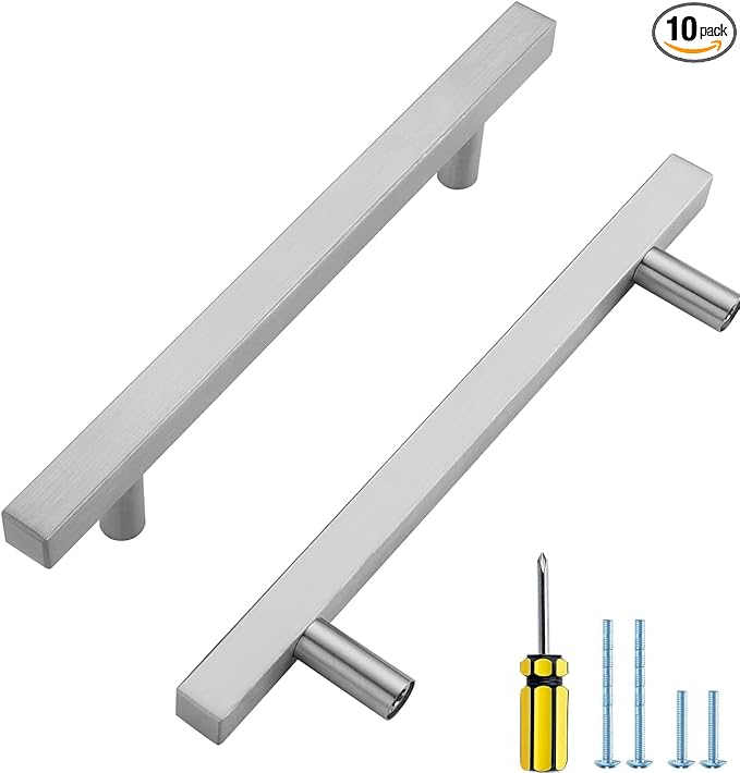 Ravinte Brushed Nickel Cabinet Handles 10 Pack 5 inch Satin Nickel Square Cabinet Pulls Silver Hardware for Kitchen Cabinets Modern Cabinet Pulls 7-3/8 inch Overall Length Stainless Steel Drawer Pulls