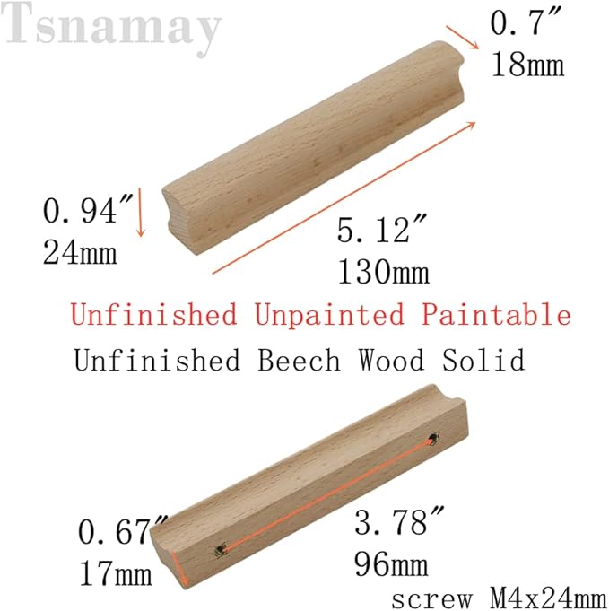 6Pcs Unfinished Beech Wood Solid Furniture Pulls Handles,Unpainted Paintable Wooden Handles Cupboard Closet Drawer Handle Pull,L5.12,HD 3.78"