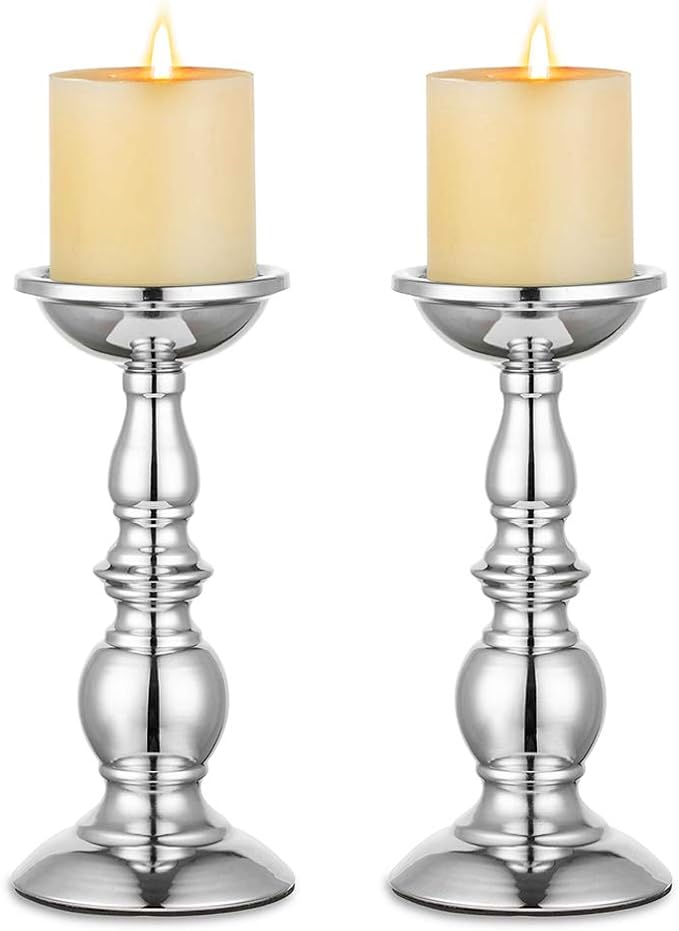 Nuptio Silver Pillar Candle Holders, Wedding Centerpieces Metal Candle Holder for 3 inches Candles Stand Decoration Ideal for Weddings Special Events Parties Living Room, 2 Pcs