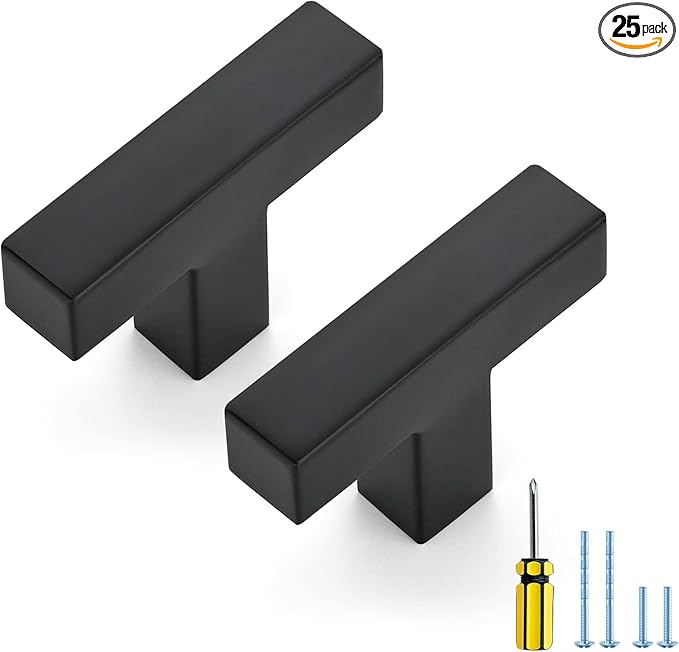 Ravinte 25 Pack Black Cabinet Pulls Single Hole Square Cabinet Handles Matte Black Kitchen Hardware for Cabinet Drawer Pulls Come with Screwdriver