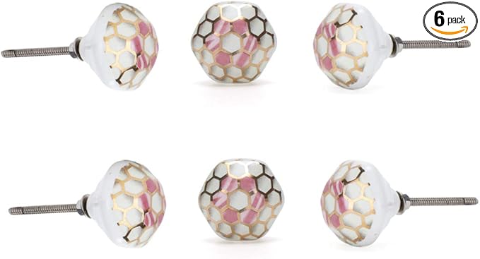 Perilla Home Set of 6 Ceramic Knobs Decorative Knobs for Room Kitchen Cabinet Hardware Cupboard Door Knobs Dresser Wardrobe and Drawer Pulls (Pink & White)