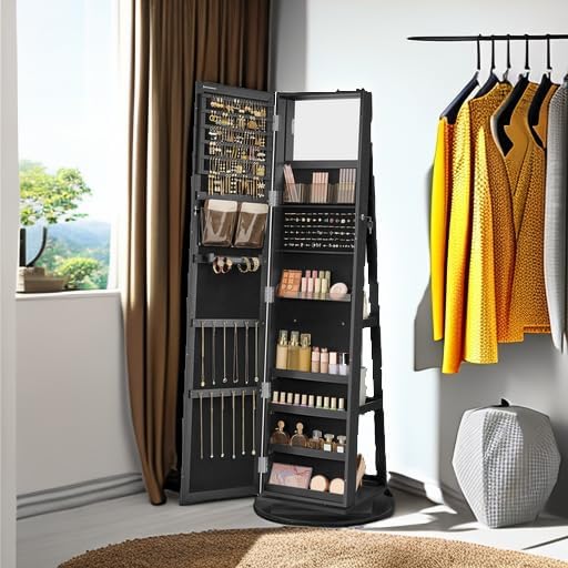 SONGMICS 360° Swivel Jewelry Cabinet, Lockable Jewelry Organizer with Full-Length Mirror, Rear Storage Shelves, Interior Mirror, Jewelry Armoire, Christmas Gifts for Women, Gift Idea, Black UJJC006B01
