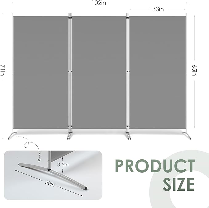 RANTILA 3 Panel Room Divider, 6 Ft Tall Folding Privacy Screen Freestanding Room Partition Wall Dividers, 102''W x 20''D x 71''H, Grey