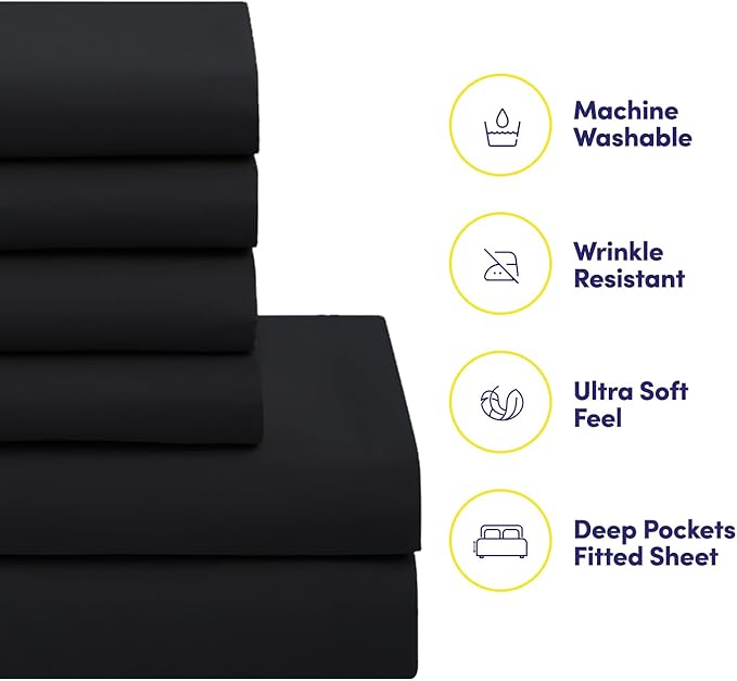 RV Short Queen Comforter Set for RV Camper - Comforter Set with Fitted & Flat Sheet, 4 Pillowcases - Tailored for RV Short Queen Beds - Cozy Essentials for Your RV Bedroom, Black