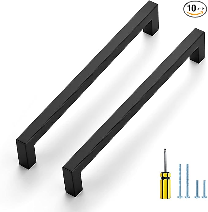 Ravinte 10 Pack Black Cabinet Pulls 8 Inch Square Cabinet Handles Matte Black Kitchen Hardware for Cabinet Drawer Pulls Come with Screwdriver